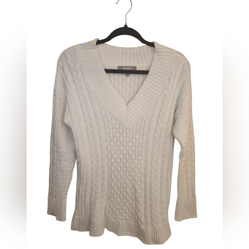 Marled Reunited Clothing V-Neck Cream Cotton Wool Blend Knit Sweater Size S